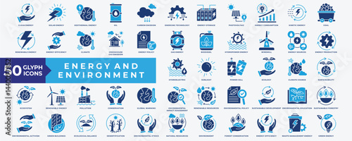 Energy and Environment icon set with environment, energy efficiency, green energy, clean energy, solar energy, geothermal energy, carbon emission, emerging technology and renewable energy