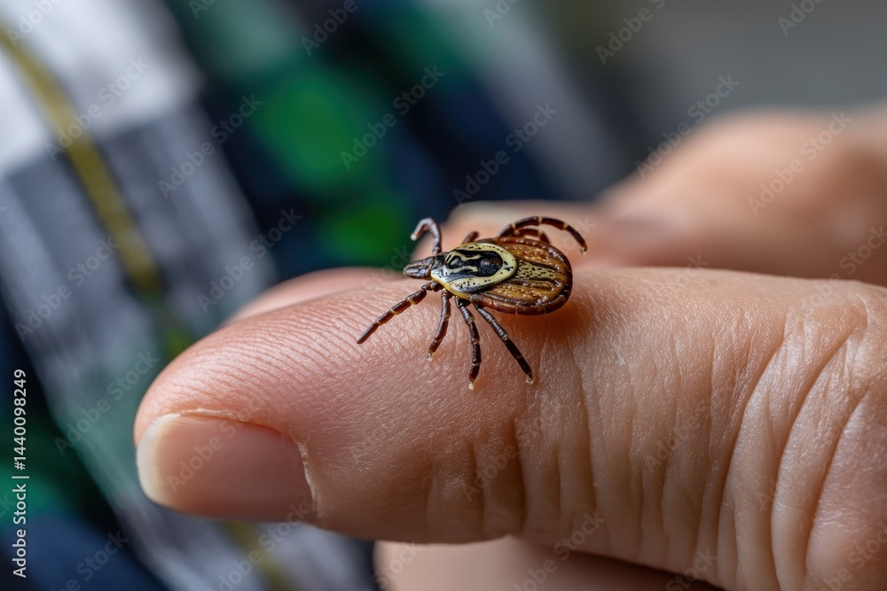 This image captures a tick gradually moving on a finger, representing its potential dangers and the importance of checking for ticks after outdoor activities. This image captures a tick gradually moving on a finger, representing its potential dangers and the importance of checking for ticks after outdoor activities.