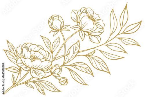 Elegant golden peony floral illustration with buds and leaves on white background
