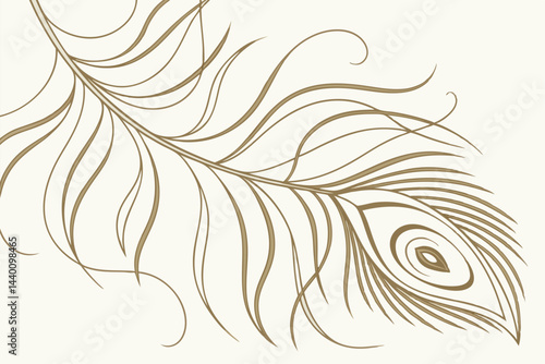 Elegant peacock feather outlined in gold with beige background corner decoration