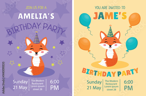 Cute fox birthday invitation set with name, date, time and place.