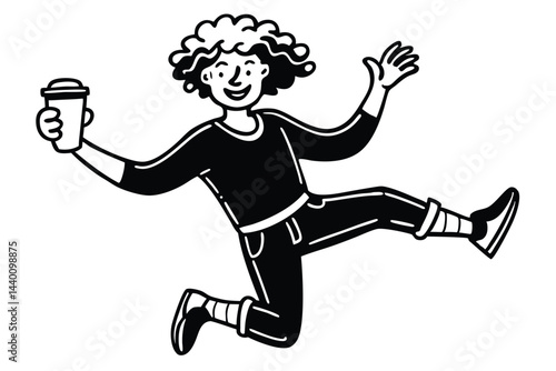 Excited cartoon woman jumping with coffee cup outline vector illustration
