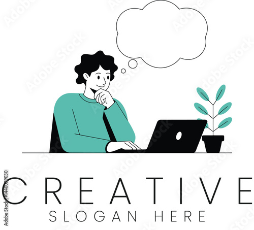 Young Man Brainstorming Ideas on Laptop Creative Workspace Design flat mind focus adult office      