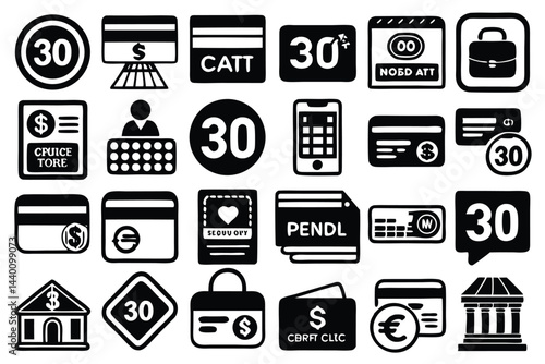 Financial technology doodle set black and white banking payments digital transactions