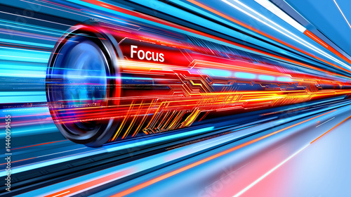 Concept of high-speed data transmission or optical technology featuring the word Focus on a lens element amidst streaks of light.