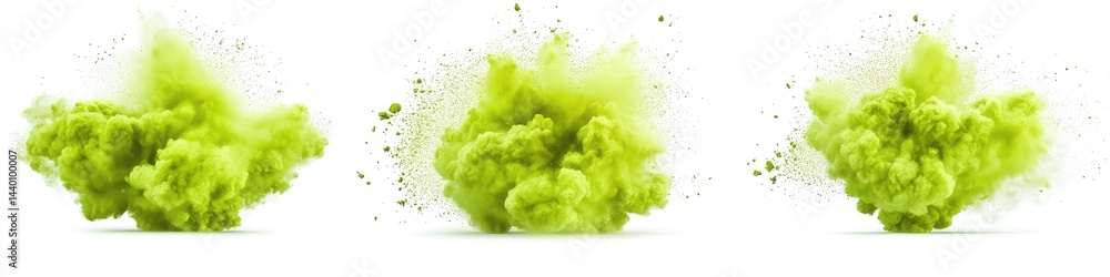 Three lime green powder explosions isolated on white background Three lime green powder explosions isolated on white background