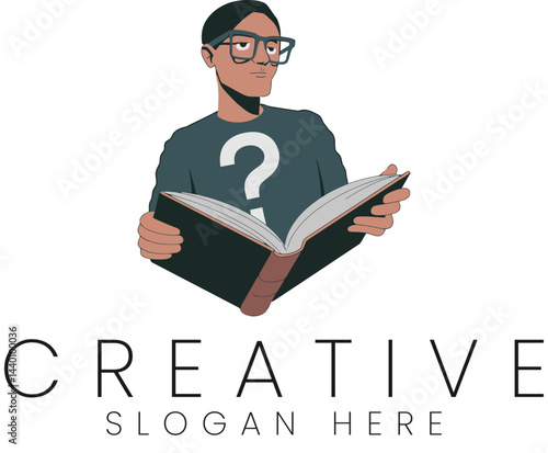 Curious Man Reading Book Question Mark Design Illustration art flat icon logo male study enigma     