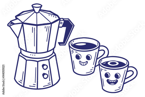 Hand drawn coffee maker with moka pot and smiling coffee cups illustration