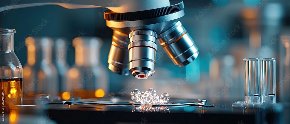 DNA nucleotide microscope concept. Microscope focusing on a specimen surrounded by laboratory equipment and glassware. DNA nucleotide microscope concept. Microscope focusing on a specimen surrounded by laboratory equipment and glassware.
