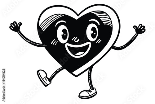 Happy heart character with arms and legs celebrating in black and white