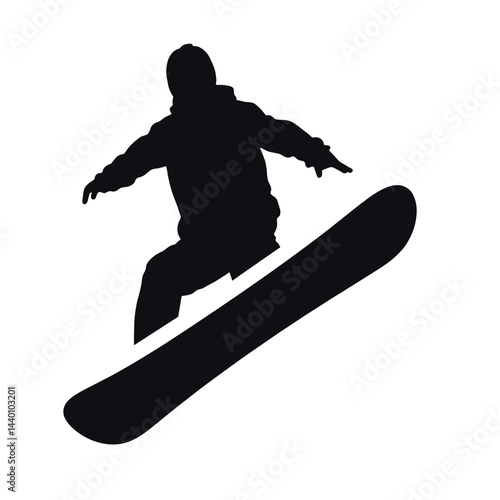 Snowboarder silhouette jumping on slope, summer snowboarding concept