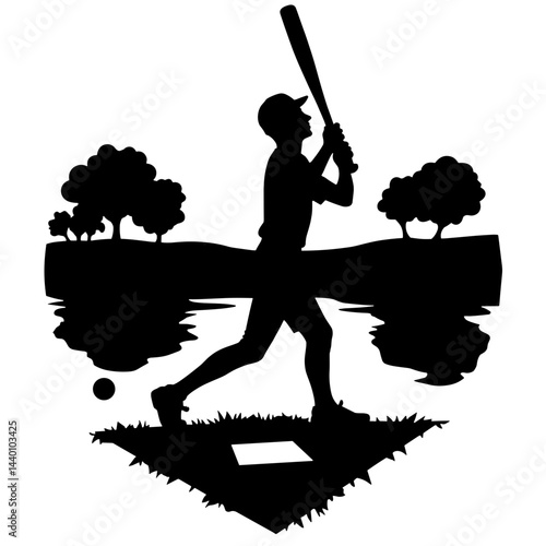Silhouette of baseball player swinging bat on diamond, summer sports