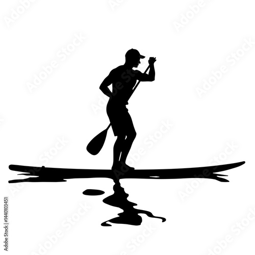 Silhouette of paddleboarder gliding on water, summer adventure