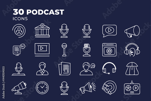 Podcast and broadcast thin line icon set on dark blue background vector illustration