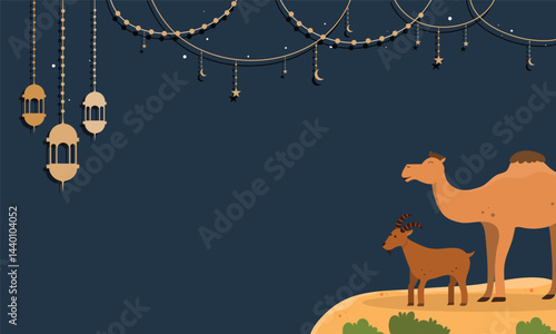 eid al adha Desert Camel Under Decorative Hanging Golden Lights