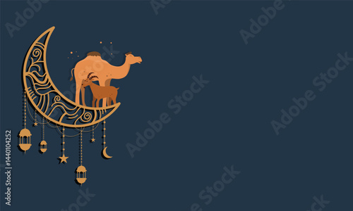 Camel in Desert with Crescent Moon Background eid al adha