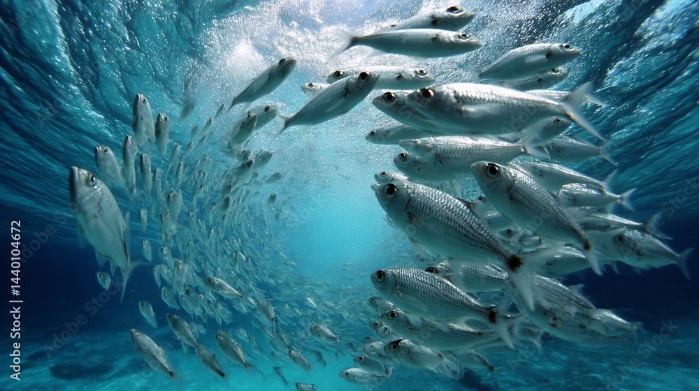 Fototapeta premium School of fish underwater, sunlight through water, marine life, vibrant coral reef, possible use for educational resources or nature photography