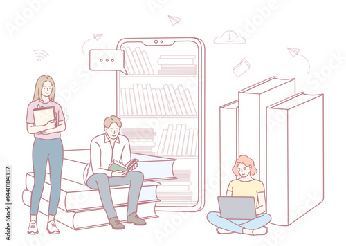 An illustration of students engaged in digital and traditional reading methods in their learning process