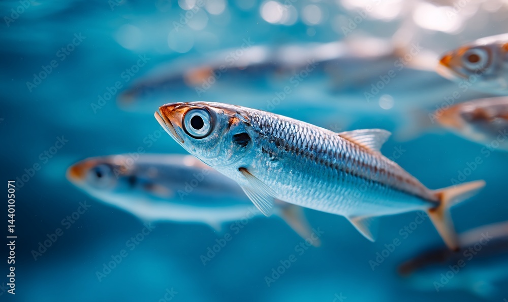 Naklejka premium School of small fish swimming underwater, vibrant blue water background, close-up view, possible use for aquarium design or nature education