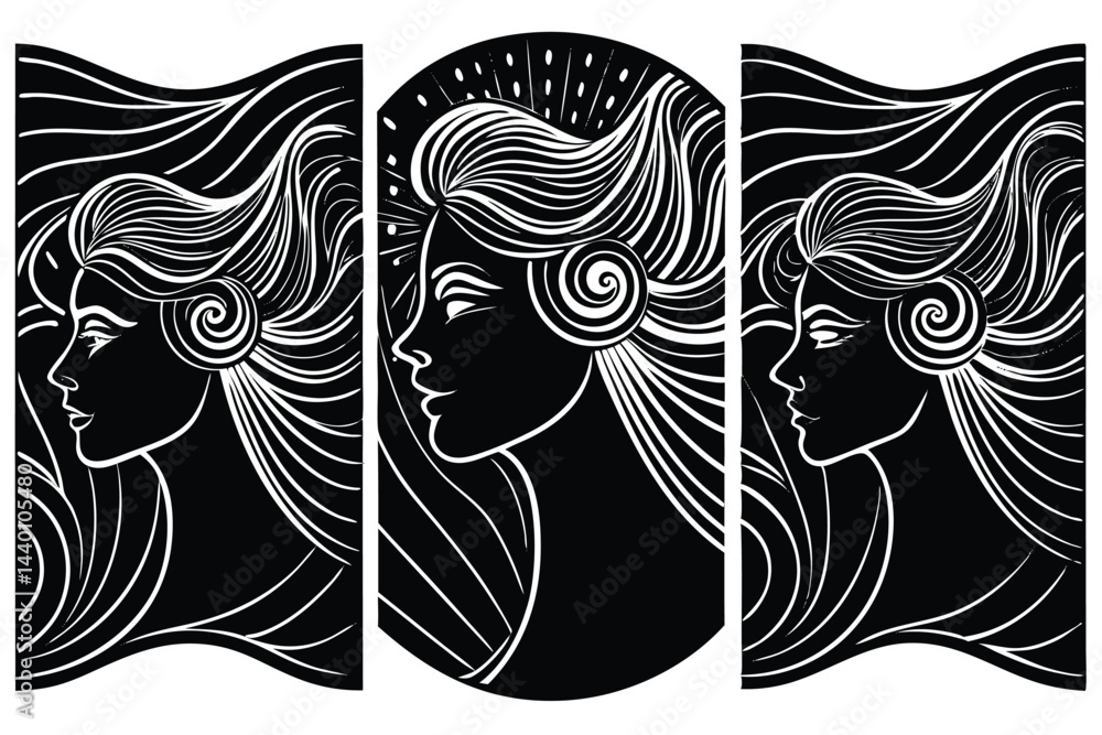 Fototapeta premium Three black and white portraits of elegant women with flowing hair style