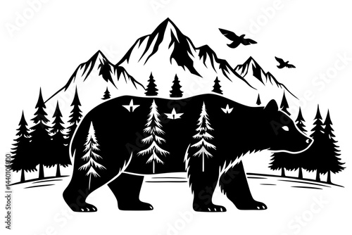 Silhouette of a bear with a double exposure effect featuring a mountain landscape and flying birds