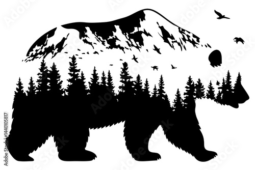 Silhouette of a bear with a double exposure effect featuring a mountain landscape and flying birds