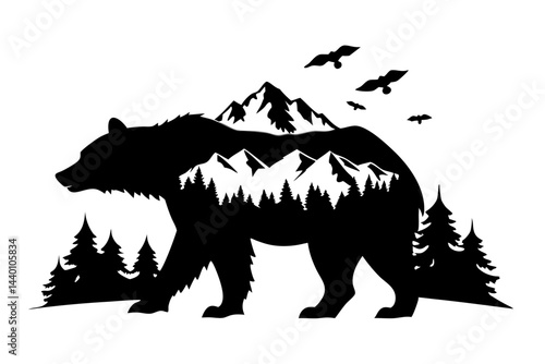 Silhouette of a bear with a double exposure effect featuring a mountain landscape and flying birds