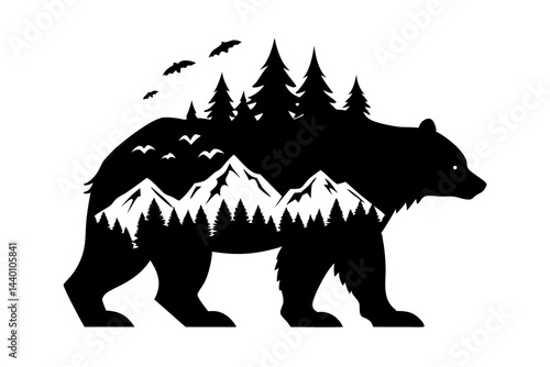 Silhouette of a bear with a double exposure effect featuring a mountain landscape and flying birds