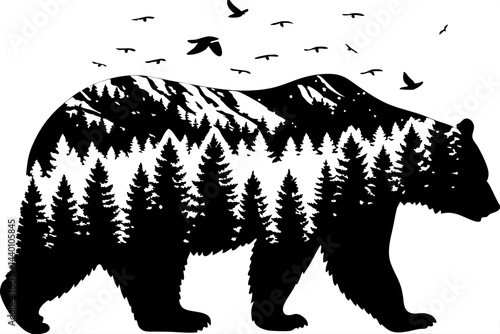 Silhouette of a bear with a double exposure effect featuring a mountain landscape and flying birds