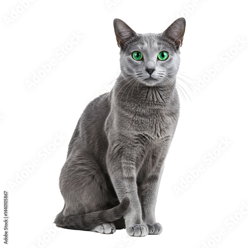 Russian Blue Cat with Vivid Green Eyes Sitting Gracefully on White Background in High-Resolution Portrait Style Digital Image for Pet and Animal Lovers’ Collections