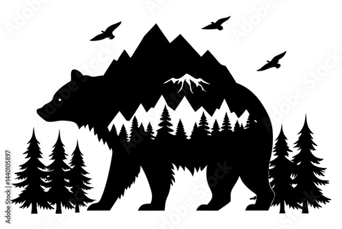 Silhouette of a bear with a double exposure effect featuring a mountain landscape and flying birds