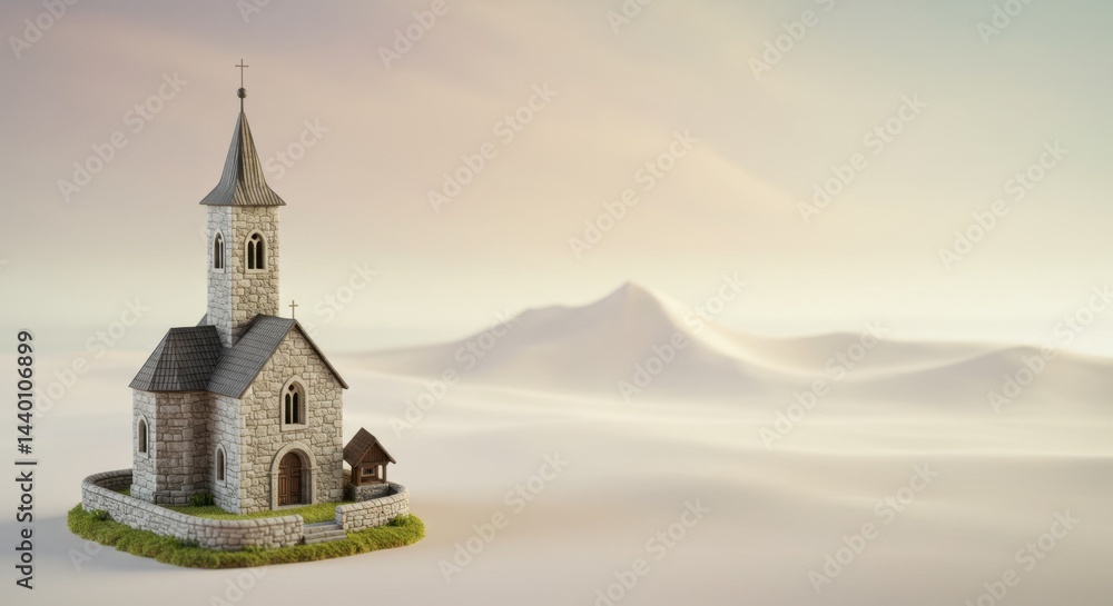 Naklejka premium Solitary Stone Church in Serene Landscape: A Digital Rendering of Tranquility and Faith