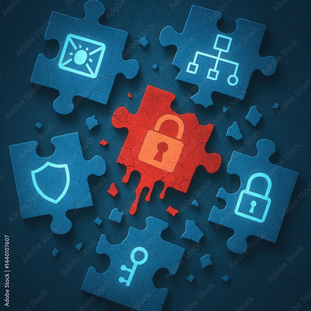 Obraz premium Cybersecurity awareness ransomware concept. A digital illustration of puzzle pieces featuring security icons, with a central red piece representing a locked padlock.