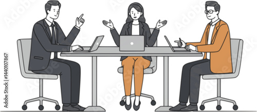 three business professionals sitting at a table, engaging in a discussion. Collaborative and communicative business setting concept. Line drawing illustration design 