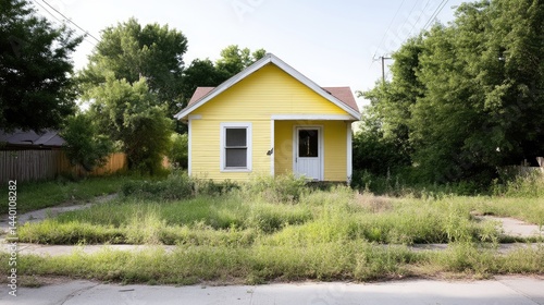 Small, yellow house, overgrown yard