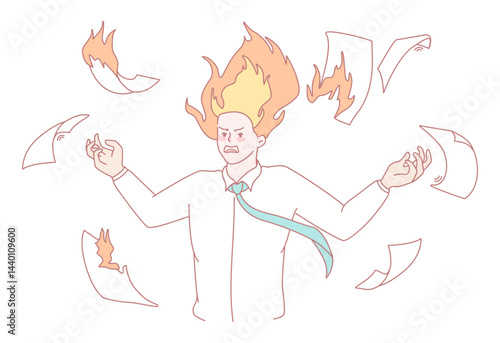 A stressed businessman with red hair, surrounded by flying papers, illustrating workplace pressures