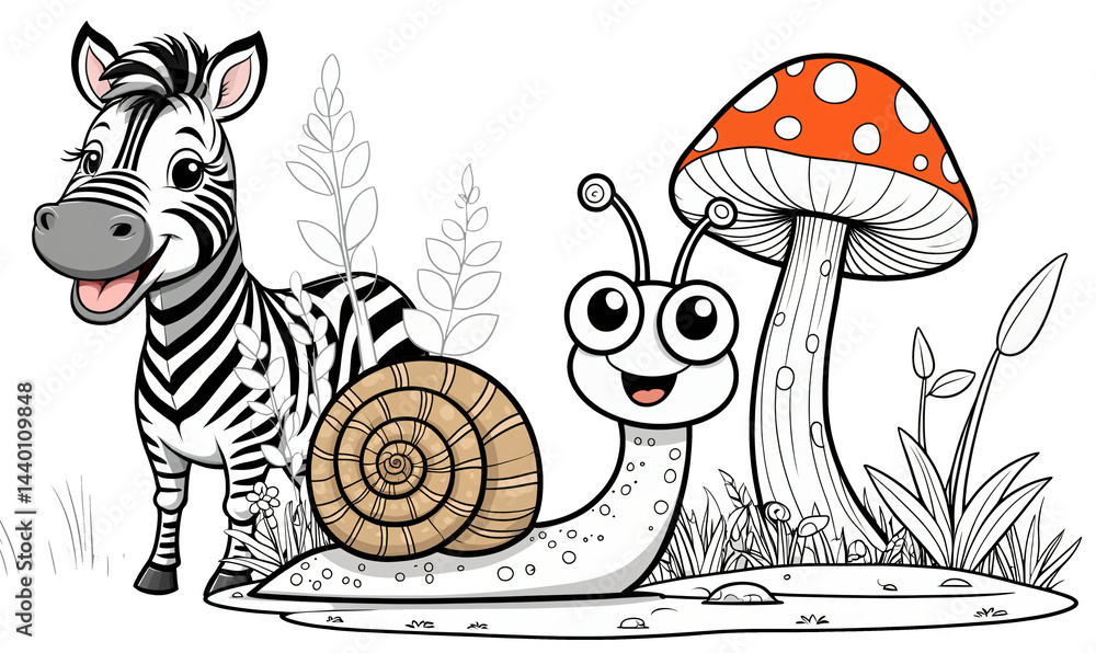 happy snail with snail shell on red mushroom and in the background a cute baby zebra, illustration