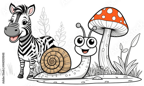Obraz na płótnie happy snail with snail shell on red mushroom and in the background a cute baby zebra, illustration
w salonie