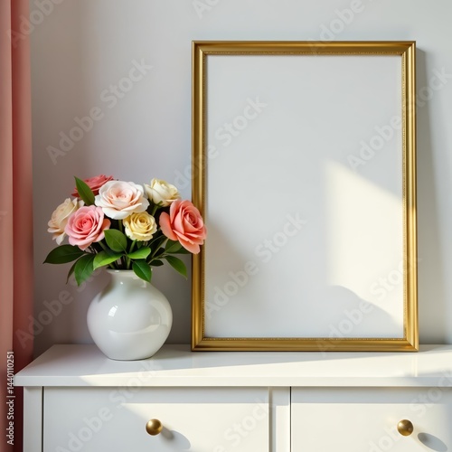 Elegant white nightstand with vase of flowers and gold framed mirror, home decor, cozy, bedroom
