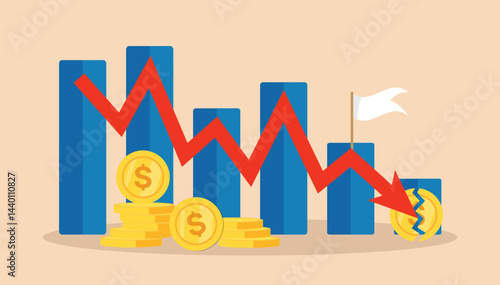 Financial crisis vector illustration with red arrow, broken coin, concept of recession, inflation, currency depreciation, market crash, bankruptcy, budget deficit, stock crisis, and economic downturn.