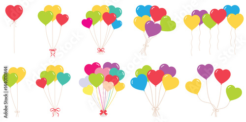 Set of vector multicolor balloons. Bunch of color helium balloons for birthday, party anniversary, wedding, baby shower. Balloon in cartoon style. Bunch of balloons for birthday party decoration