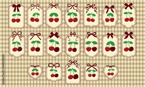 Red cherry with scarlet gift bow coquette. Vector Illustration of vintage bows and tasty rose cherries. Cute trendy stickers. Pretty ribbons set. Trendy cozy decoration. Maroon berries. Checkered set