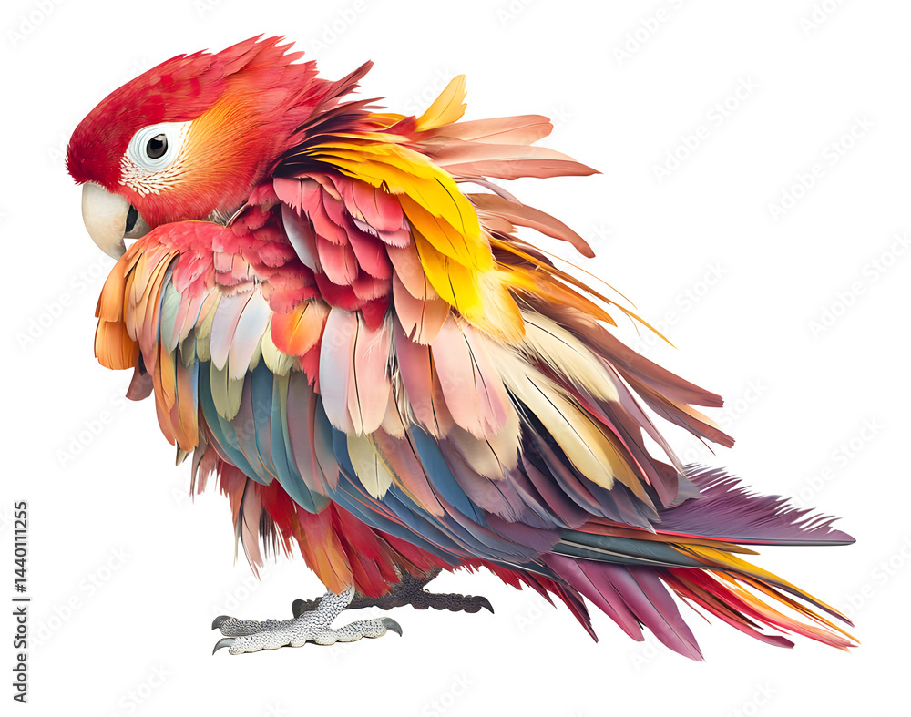 Obraz premium colorful macaw feathers isolated scarlet macaw close up macaw feathers south american macaw dynamic bird pose dynamic bird pose png isolated on transparent