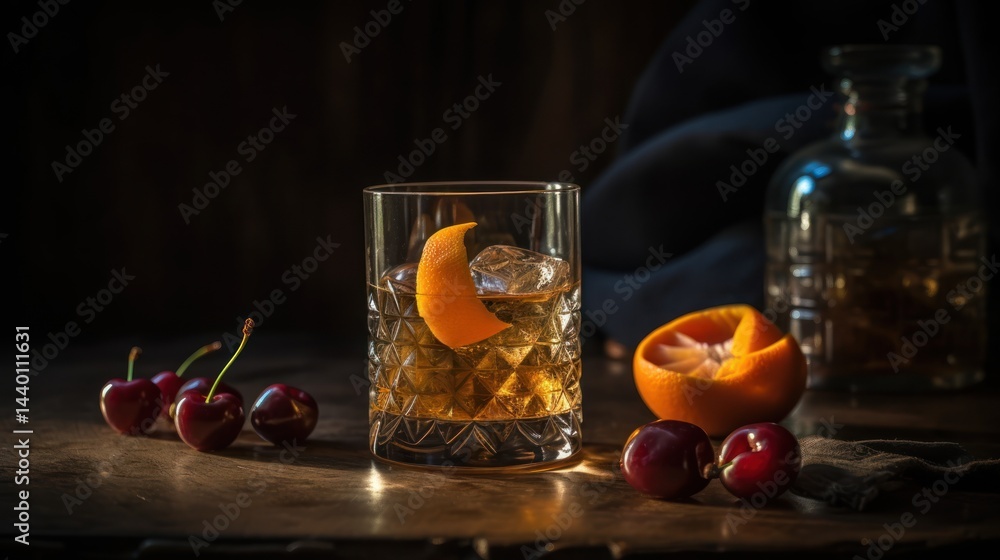 Alcoholic drink in glass with ice and orange peel beside cherries and bottle. Alcoholic drink in glass with ice and orange peel beside cherries and bottle.