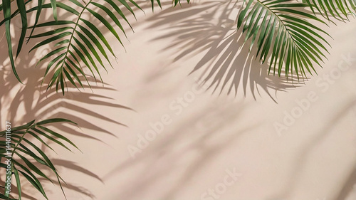 Green palm leaves and their artistic reflections on the cream wall.