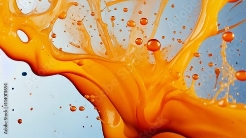Vibrant orange paint splash creating dynamic shapes against a light background, showcasing motion
