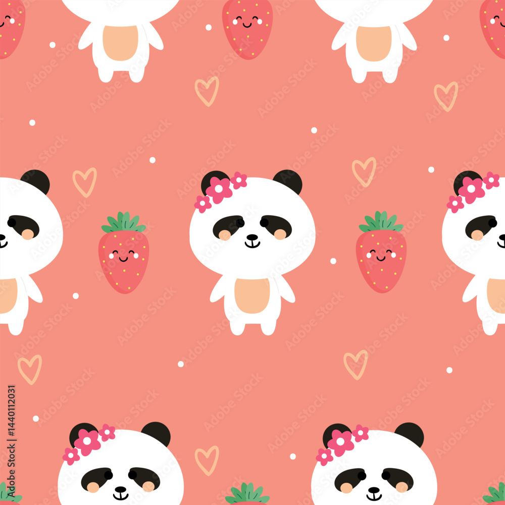 Obraz premium Seamless pattern cartoon panda and strawberry. cute animal wallpaper for fabric print, gift wrap paper