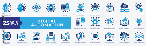 Digital Automation icon collection  set. Containing artificial intelligence, machine learning, digital, automation, cybersecurity, robotic, process and big data. Simple flat vector illustration.