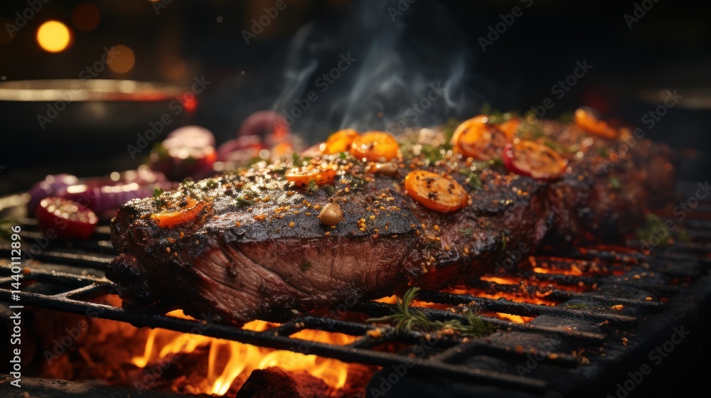 Grilled meat on a grill with fire and smoke in a dark setting. Grilled meat on a grill with fire and smoke in a dark setting.