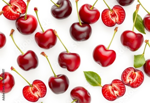 Floating whole and halved fresh cherries, isolated on white,  image,  texture